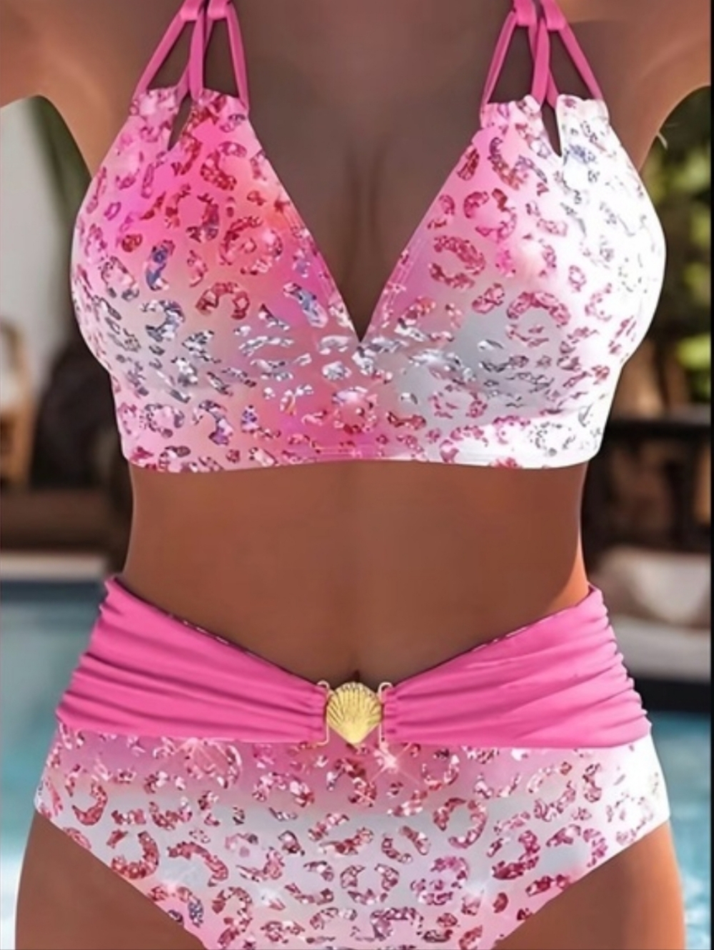 High Waist Pink Leopard Print Women’s Swim Set marked SIZE SMALL W Medium Fit.